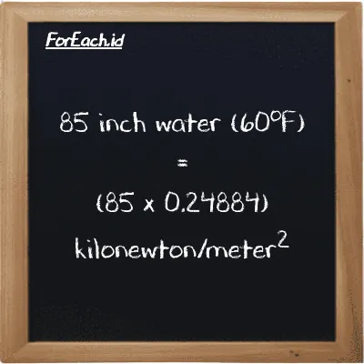 How to convert inch water (60<sup>o</sup>F) to kilonewton/meter<sup>2</sup>: 85 inch water (60<sup>o</sup>F) (inH20) is equivalent to 85 times 0.24884 kilonewton/meter<sup>2</sup> (kN/m<sup>2</sup>)